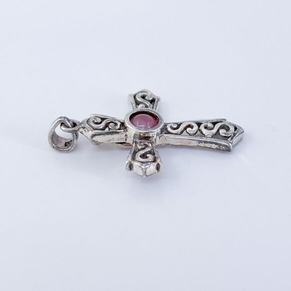 Vintage Sterling Silver 925 Pink Glass Ornate Cross Pendant - Picture 3 of 7